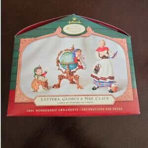 2001 New HALLMARK Christmas LETTERA GLOBUS MRS. CLAUS Club Ornament 3 pc Set